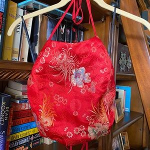 Backless red oriental patterned crop top